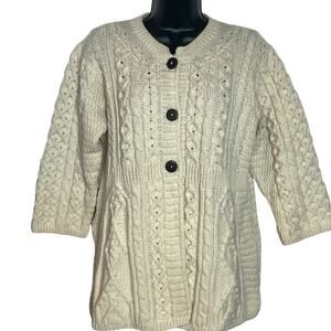 VINTAGE KILRONAN IRISH MERINO WOOL SWEATER 1970s CHUNKY CABLE KNIT CARDIGAN SZ M